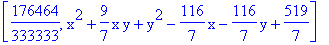 [176464/333333, x^2+9/7*x*y+y^2-116/7*x-116/7*y+519/7]